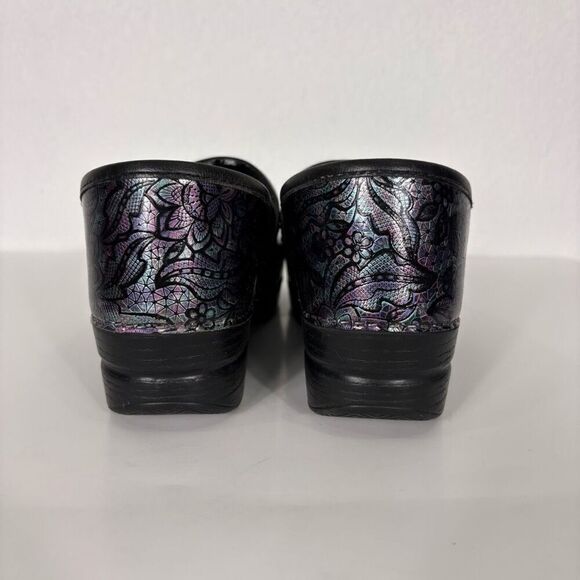 Dansko Blue & Purple Metallic Iridescent Mosaic Clog Shoes with Tropical Leaf Pr - Picture 6 of 10